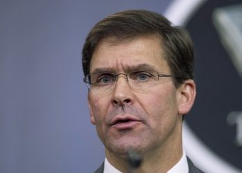 FILE - In this Aug. 28, 2019, file photo, Secretary of Defense Mark Esper speaks to reporters during a briefing at the Pentagon. Esper says the "impulsive" decision by Turkey to invade northern Syria will further destabilize a region already caught up in civil war. Esper says the invasion puts America's Syrian Kurdish partners "in harm's way," but insists the Kurds are not being abandoned. (AP Photo/Manuel Balce Ceneta, File)