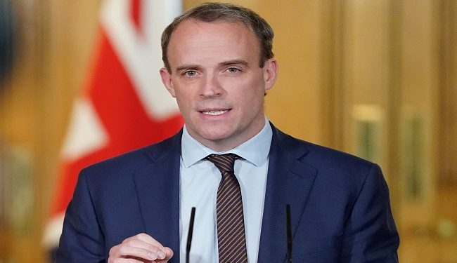 Britain's Secretary of State for Foreign affairs Dominic Raab speaks during a daily news conference to update on the coronavirus disease (COVID-19) outbreak, at 10 Downing Street in London, Britain May 7, 2020. Pippa Fowles/10 Downing Street/Handout via REUTERS   THIS IMAGE HAS BEEN SUPPLIED BY A THIRD PARTY. IMAGE CAN NOT BE USED FOR ADVERTISING OR COMMERCIAL USE. IMAGE CAN NOT BE ALTERED IN ANY FORM. NO RESALES. NO ARCHIVES