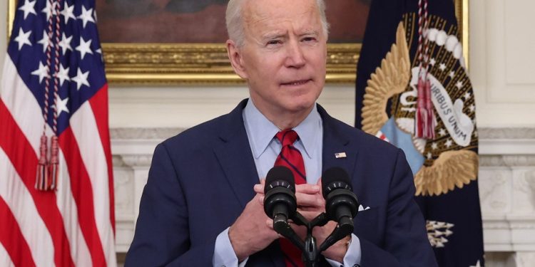 U.S. President Joe Biden speaks about the mass shooting in Colorado from the State Dining Room at the White House in Washington, U.S., March 23, 2021. REUTERS/Jonathan Ernst