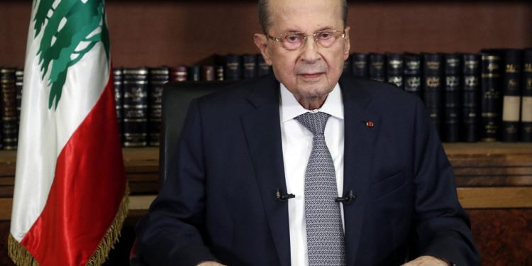 A handout picture provided by the Lebanese photo agency Dalati and Nohra on March 17, 2021 shows President Michel Aoun speaking in a televised speech from the presidential palace in Baabda, east of Beirut. (Photo by - / DALATI AND NOHRA / AFP) / === RESTRICTED TO EDITORIAL USE - MANDATORY CREDIT "AFP PHOTO / HO / DALATI AND NOHRA" - NO MARKETING - NO ADVERTISING CAMPAIGNS - DISTRIBUTED AS A SERVICE TO CLIENTS ===