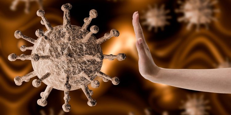 woman with her hand resisting and preventing coronavirus, a virus that causes severe peneumonia leading to death. 3D rendering