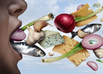 Bad breath and halitosis as unpleasant odor coming out of a mouth as the smell of garlic onions fish or cheese in a 3D illustration style.