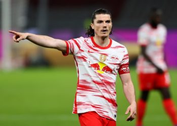 BERLIN, GERMANY - MAY 13: Marcel Sabitzer of RB Leipzig runs gestures during the DFB Cup final match between RB Leipzig and Borussia Dortmund at Olympic Stadium on May 13, 2021 in Berlin, Germany. Sporting stadiums around Germany remain under strict restrictions due to the Coronavirus Pandemic as Government social distancing laws prohibit fans inside venues resulting in games being played behind closed doors. (Photo by Martin Rose/Getty Images)