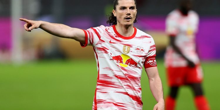 BERLIN, GERMANY - MAY 13: Marcel Sabitzer of RB Leipzig runs gestures during the DFB Cup final match between RB Leipzig and Borussia Dortmund at Olympic Stadium on May 13, 2021 in Berlin, Germany. Sporting stadiums around Germany remain under strict restrictions due to the Coronavirus Pandemic as Government social distancing laws prohibit fans inside venues resulting in games being played behind closed doors. (Photo by Martin Rose/Getty Images)