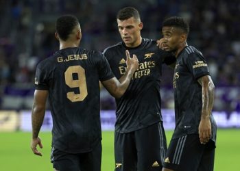 ORLANDO, FLORIDA - JULY 20: Gabriel Jesus #9, Granit Xhaka #34, and Reiss Nelson #4 of Arsenal celebrate winning a Florida Cup friendly against the Orlando City at Exploria Stadium on July 20, 2022 in Orlando, Florida. (Photo by Mike Ehrmann/Getty Images)