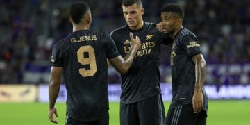 ORLANDO, FLORIDA - JULY 20: Gabriel Jesus #9, Granit Xhaka #34, and Reiss Nelson #4 of Arsenal celebrate winning a Florida Cup friendly against the Orlando City at Exploria Stadium on July 20, 2022 in Orlando, Florida. (Photo by Mike Ehrmann/Getty Images)